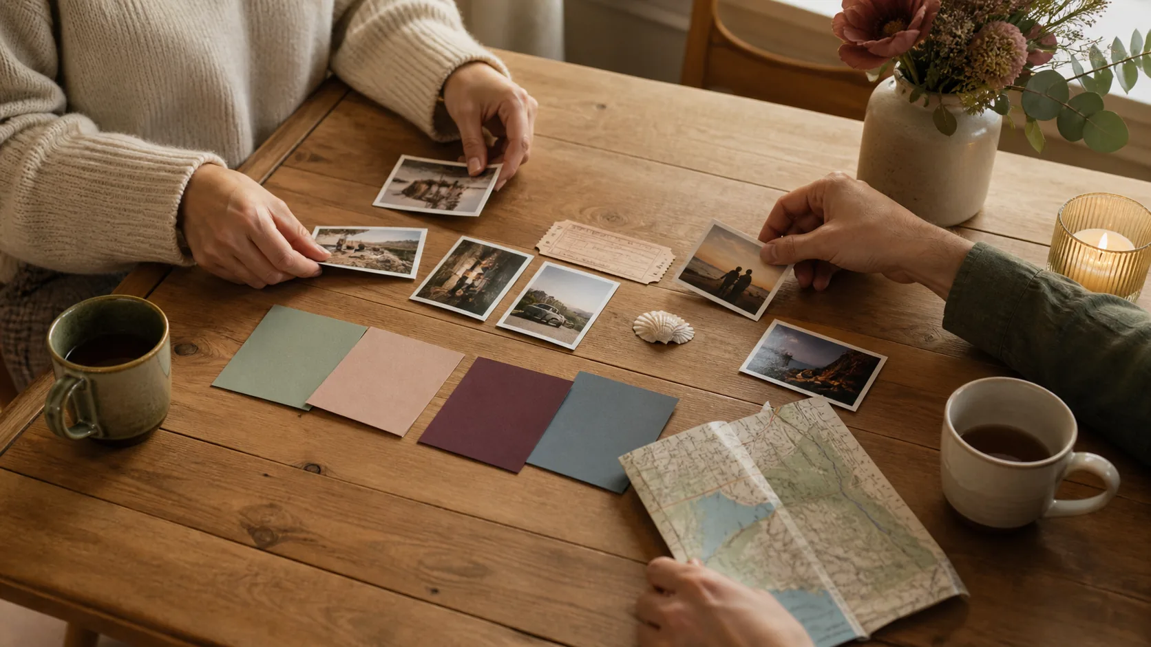 Zwei Personen sortieren Fotos und Erinnerungsstücke als gemeinsame Erinnerungen für einen Song