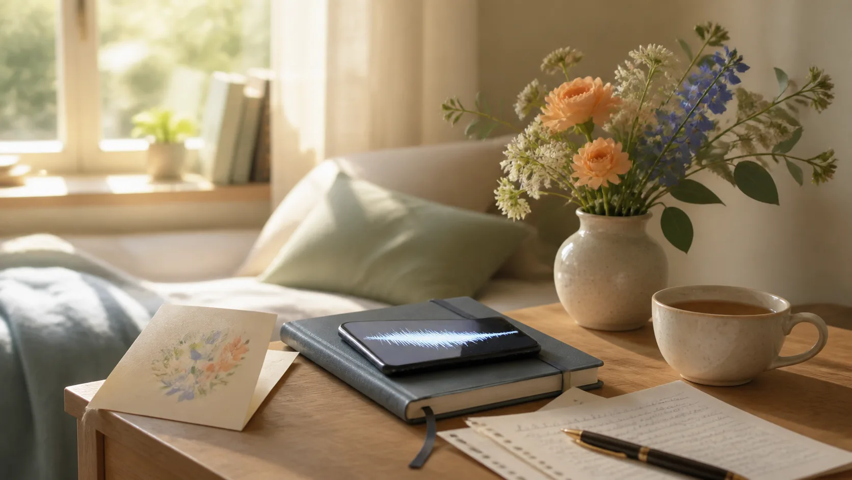 Ruhiger Geschenktisch mit Blumen, Karte, Tee und Smartphone mit Musikwellenform für ein Gute-Besserung-Lied