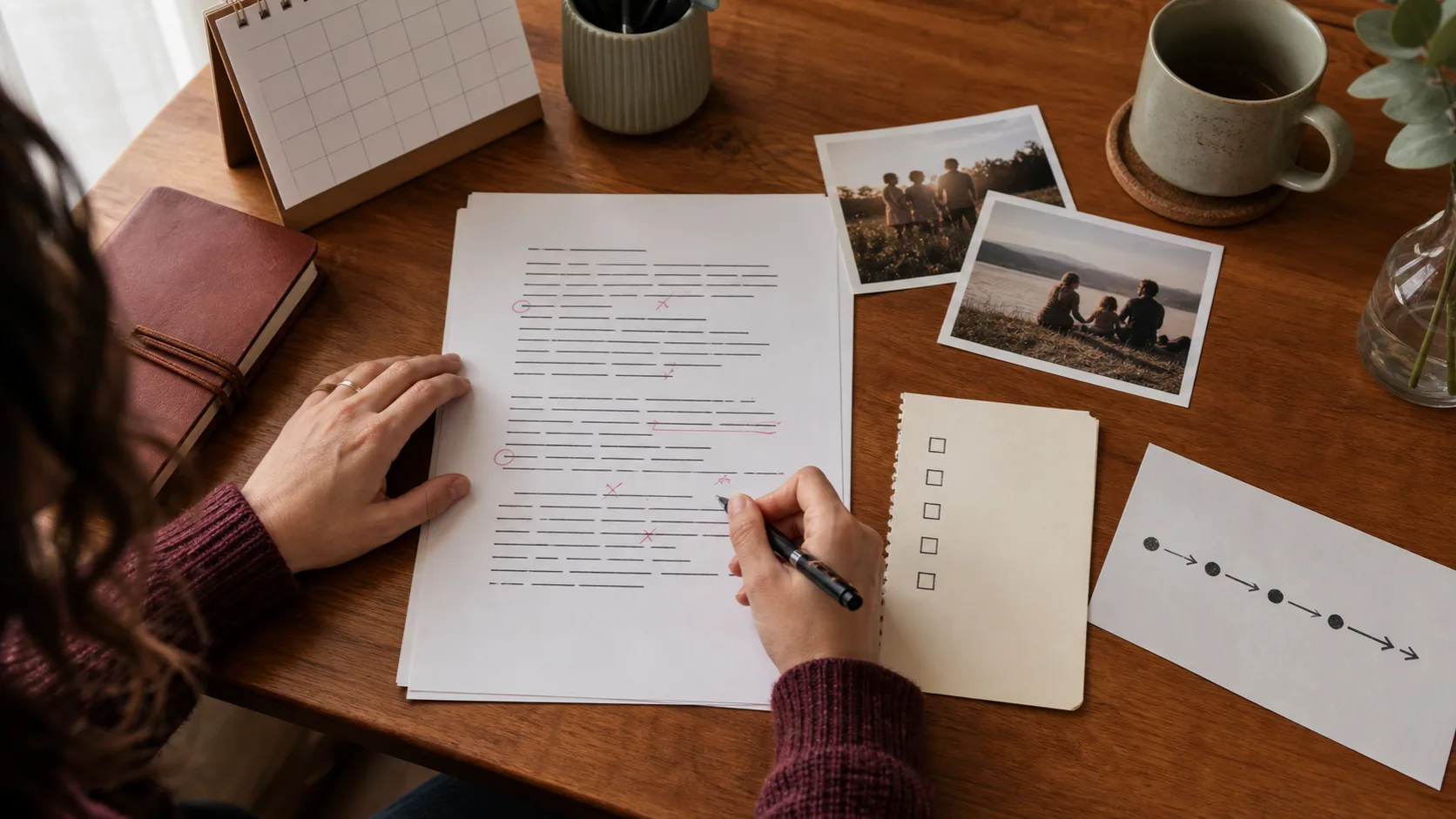 Person prüft einen persönlichen Liedtext anhand von Erinnerungsfotos, Faktenliste und zeitlicher Reihenfolge vor der Musik