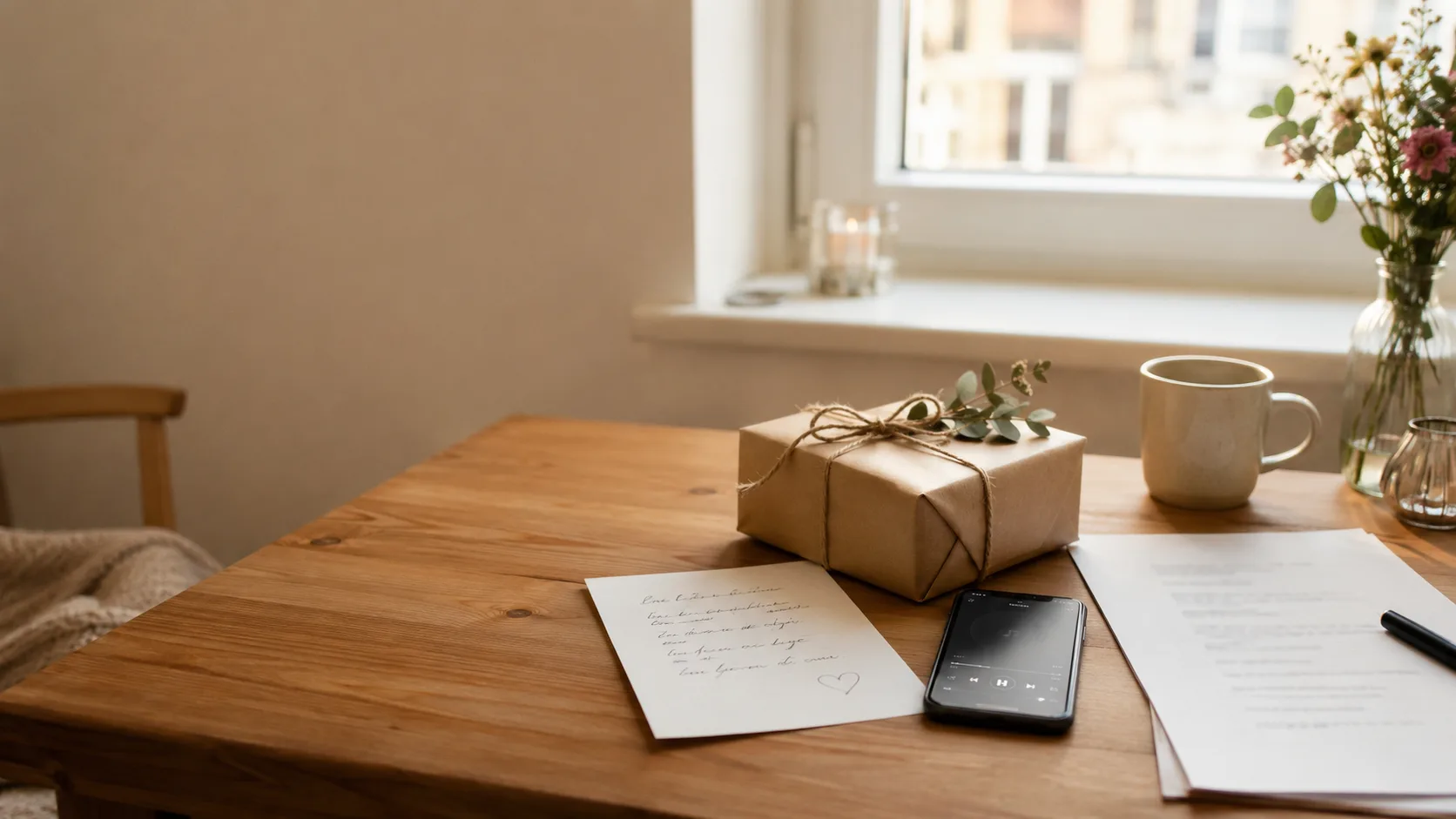 Geschenk, handgeschriebene Notiz und Handy als Vorbereitung für einen persönlichen Song