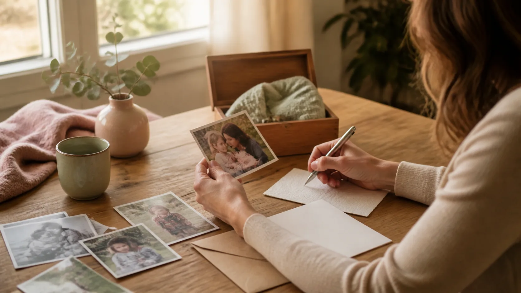 Erwachsene Tochter wählt Familienfotos und Notizen für ein persönliches Lied für Mama aus