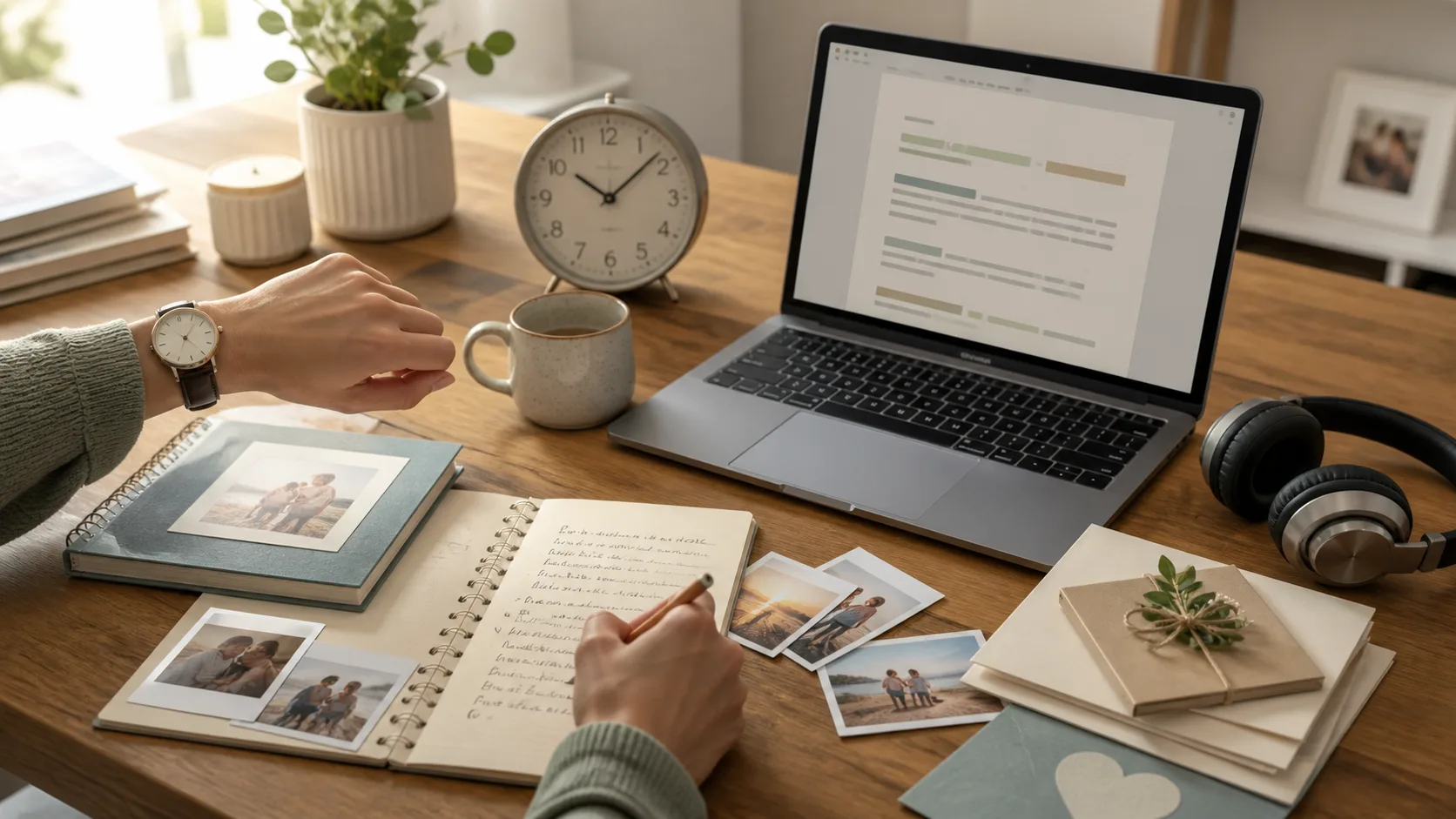 Person prüft Uhr, Notizen und Liedtext am Laptop und plant die Zeit für ein persönliches Songgeschenk