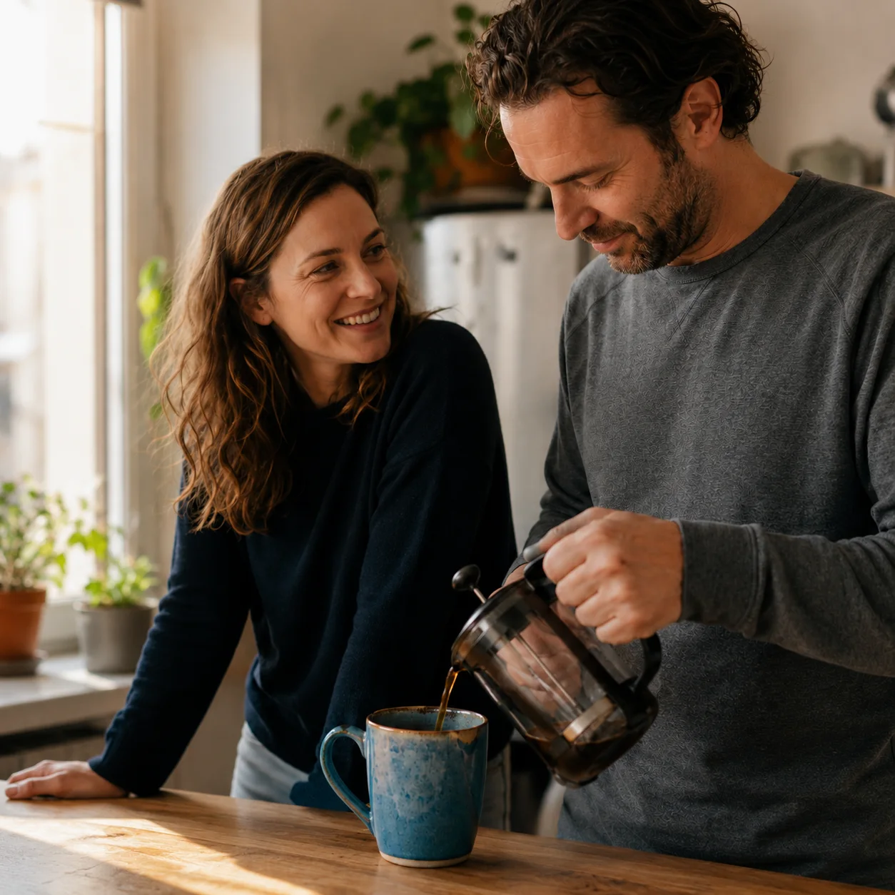 A couple sharing a quiet morning coffee by a window