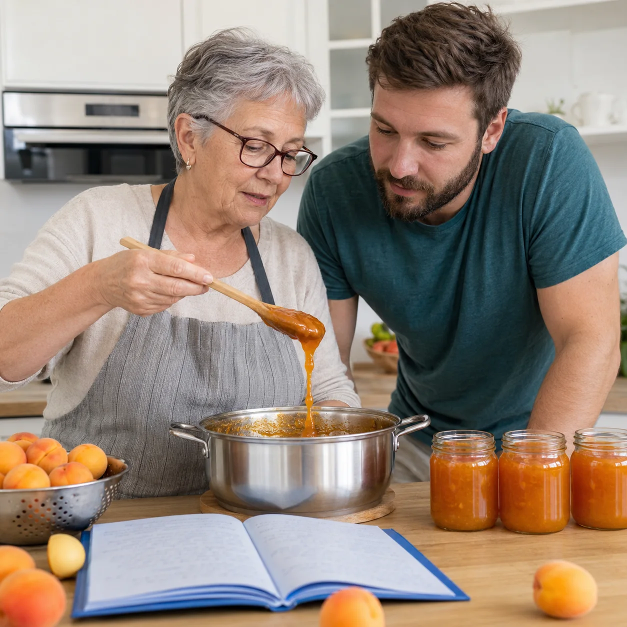 Großmutter und erwachsener Enkel kochen gemeinsam Aprikosenmarmelade