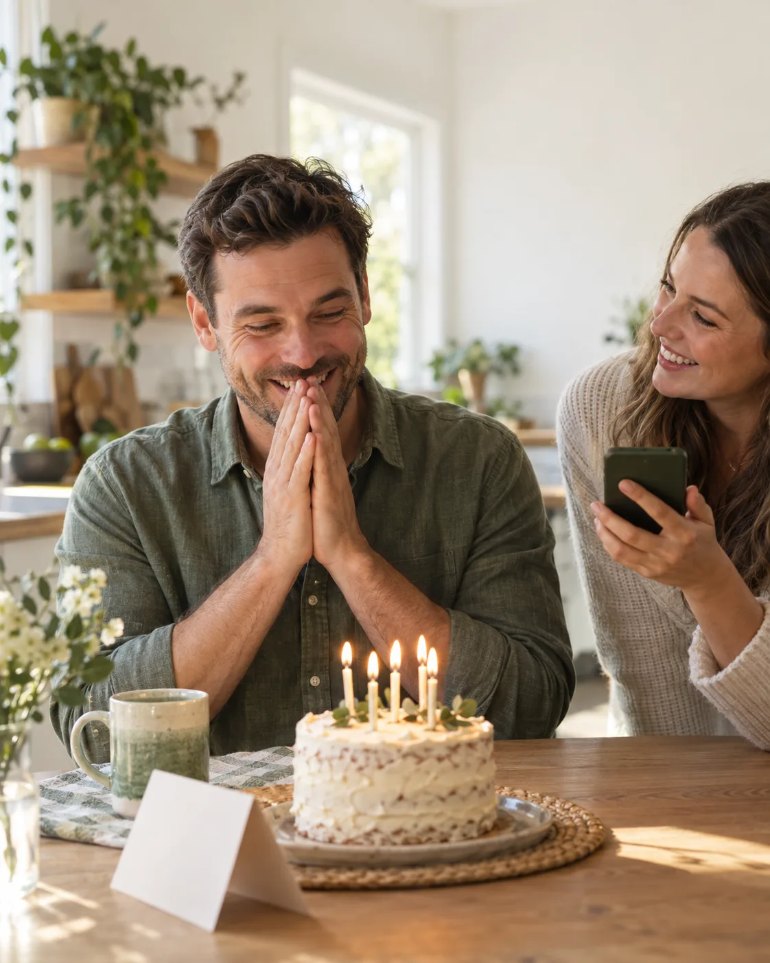 A husband smiling at a birthday song on his wife’s phone beside his candlelit birthday cake