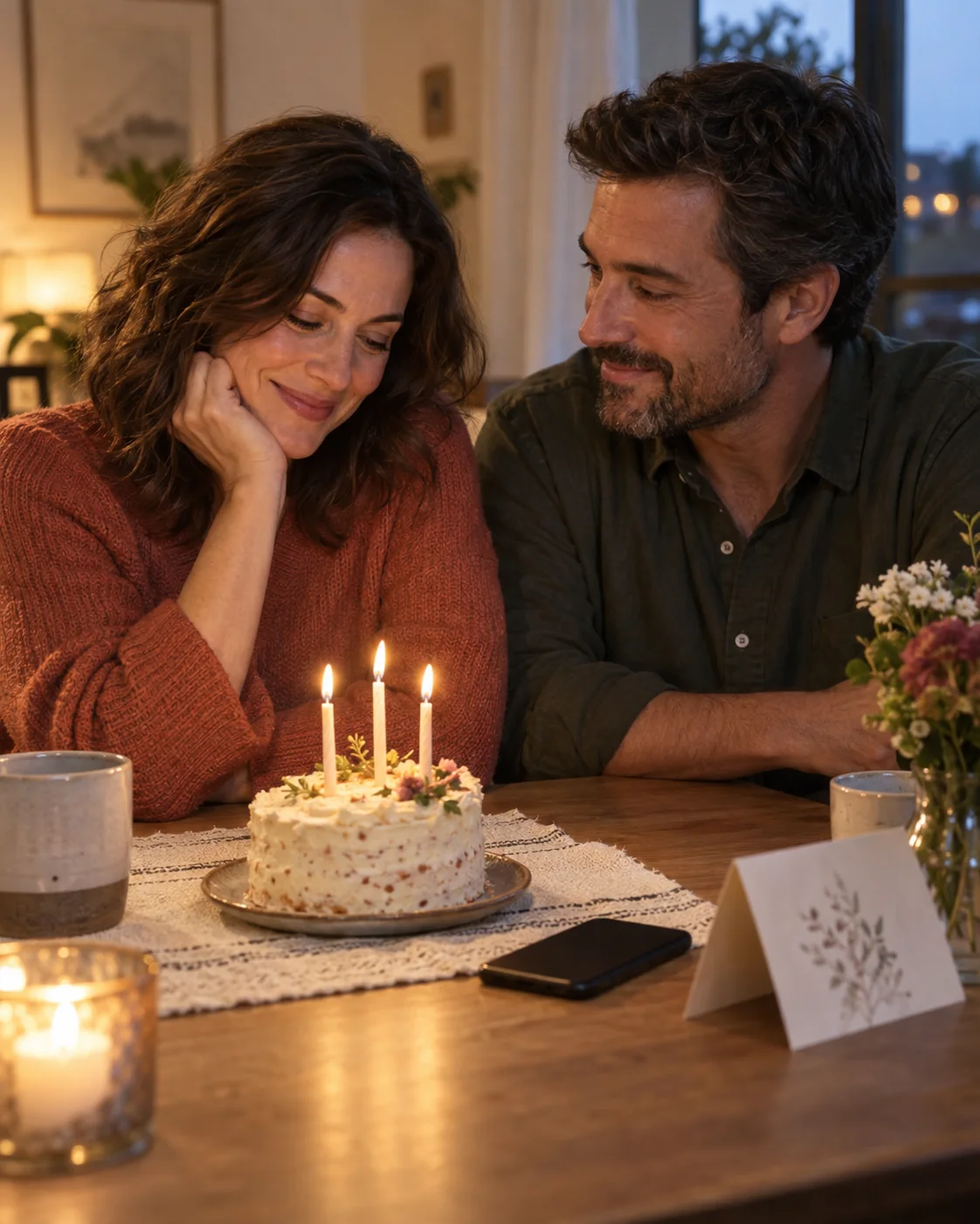 A wife celebrating her birthday with her husband, a small cake, and a song at home