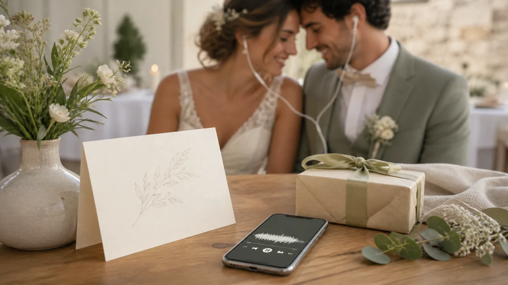 A newly married couple listens to a custom wedding song beside a card and wrapped gift