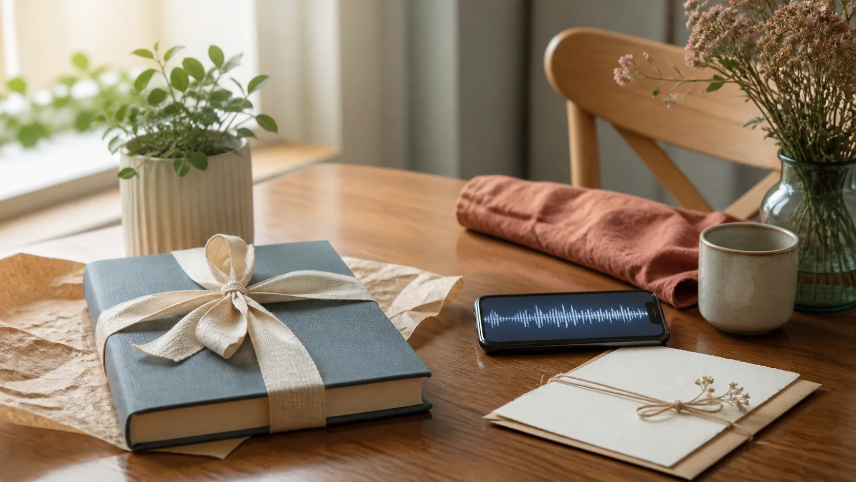 Verpacktes Buch und Smartphone mit Musikwellenform als zwei gleichwertige persönliche Geschenkideen auf einem Holztisch