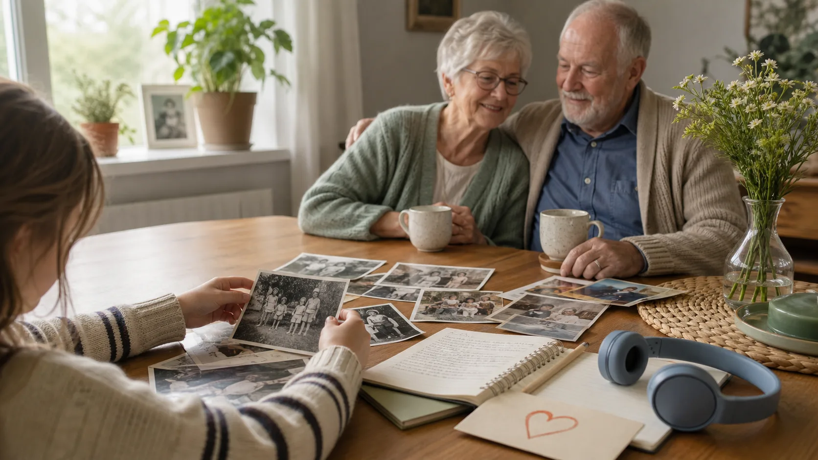 Enkelin ordnet Familienfotos und Notizen für ein persönliches Lied für Oma und Opa am Esstisch