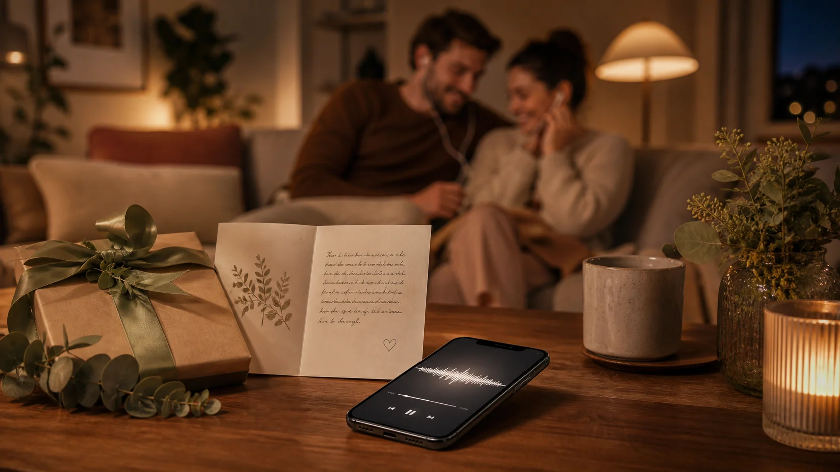 Private song link, handwritten card, and headphones prepared for a thoughtful gift