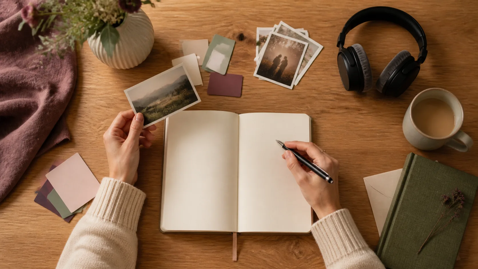 Person ordnet Fotos, leere Notizkarten und Kopfhörer als Informationen für einen persönlichen Song