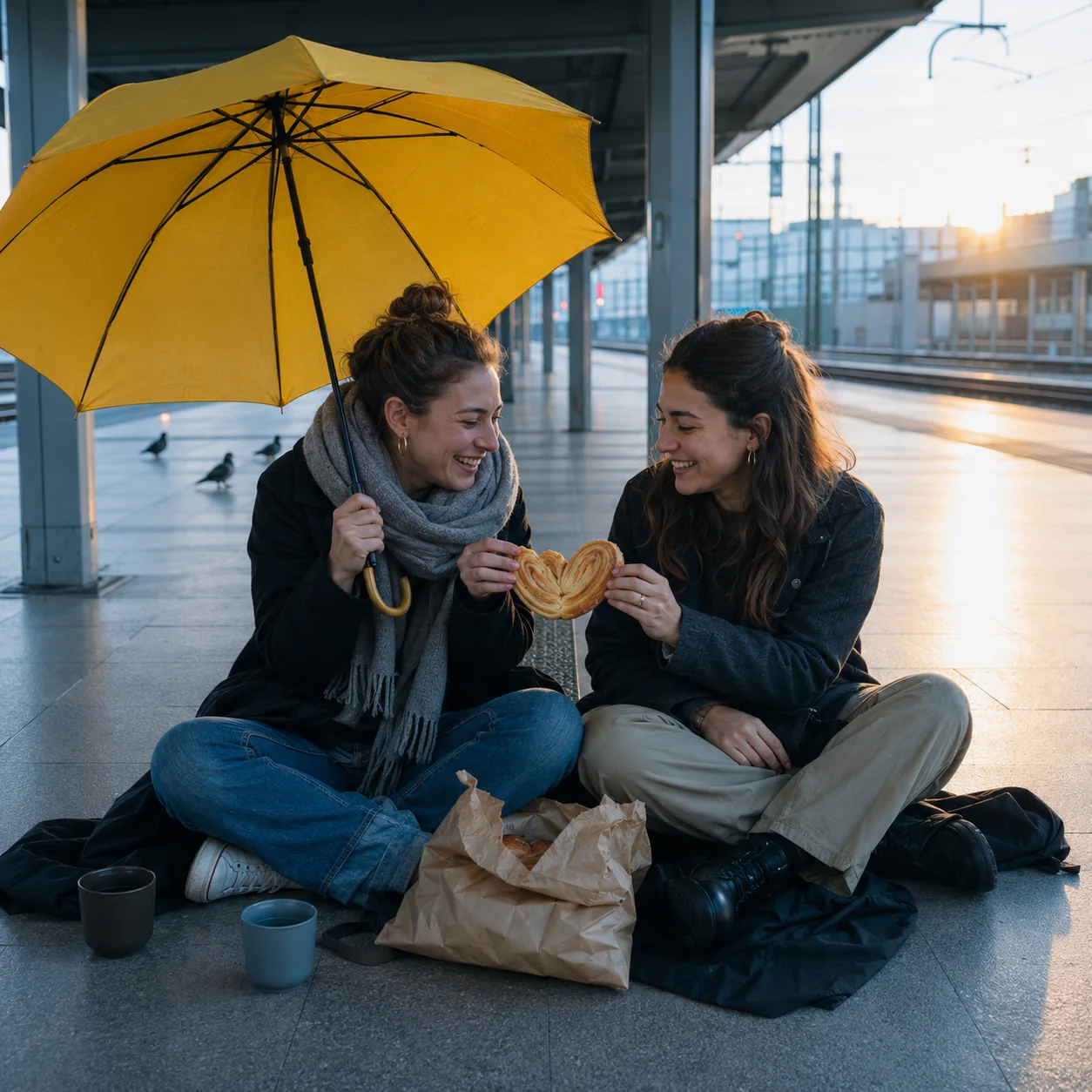 Zwei Freundinnen teilen am frühen Morgen eine Brezel auf einem Bahnsteig als gemeinsame Erinnerung für ein persönliches Lied