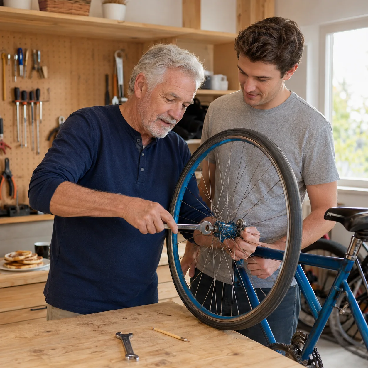 Vater und erwachsener Sohn reparieren gemeinsam ein blaues Fahrrad als Erinnerung für ein persönliches Lied für Papa
