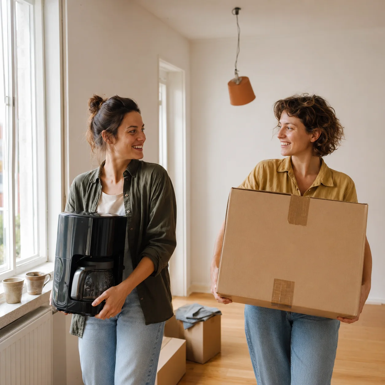 Zwei Frauen tragen bei einem Umzug gemeinsam Kaffeemaschine und Kartons