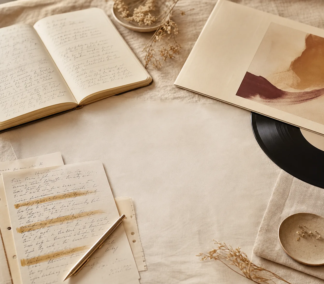 Notizbuch, Liedtextentwurf und Schallplatte als Weg von einer Geschichte zum KI-Song