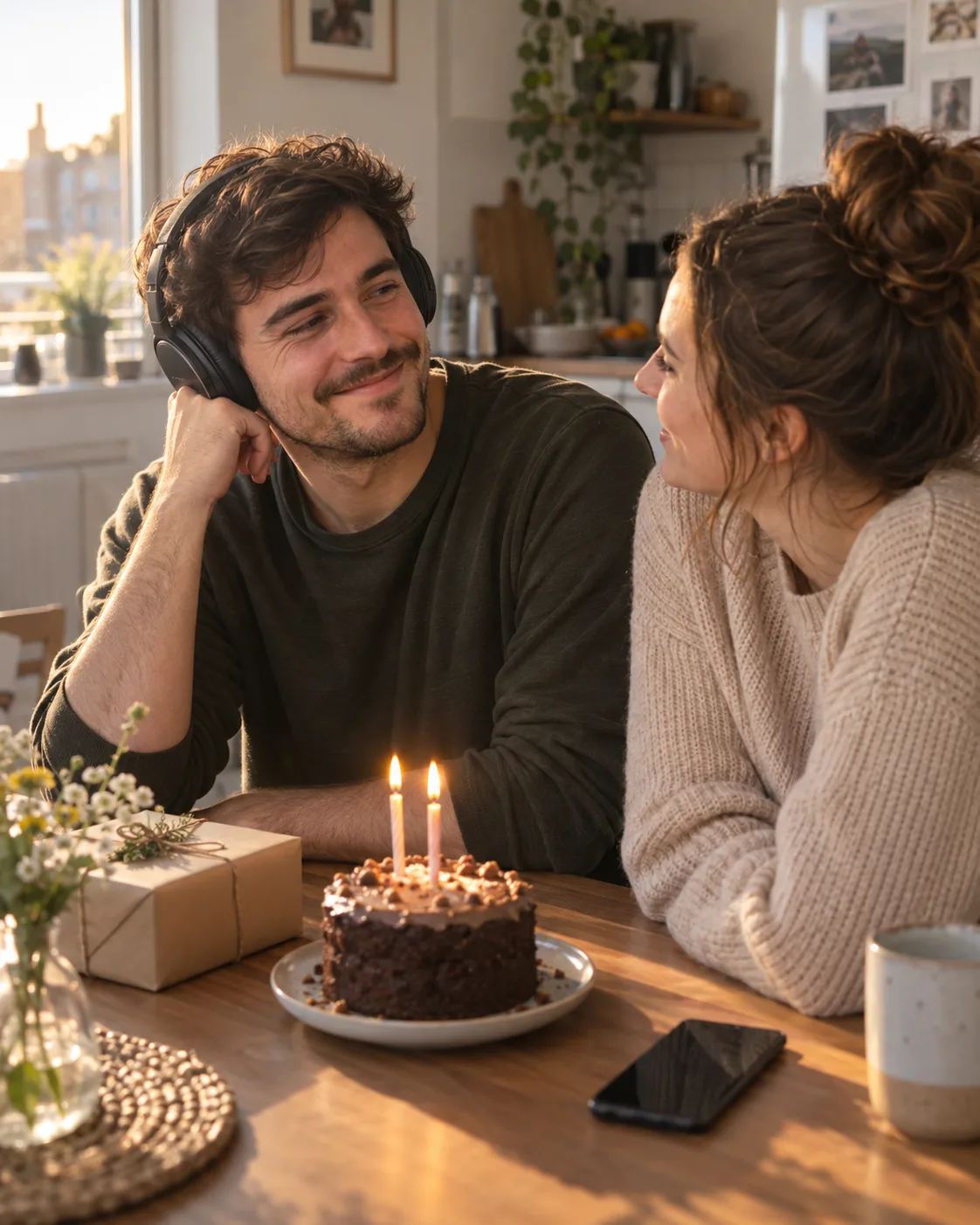 A boyfriend listening to a birthday song beside his girlfriend and a small candlelit cake