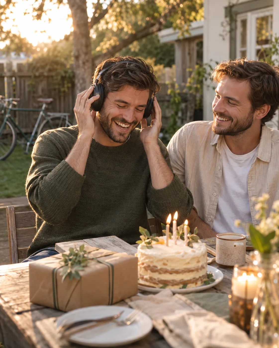 Two adult brothers laughing at a backyard birthday table as one listens to a song through headphones
