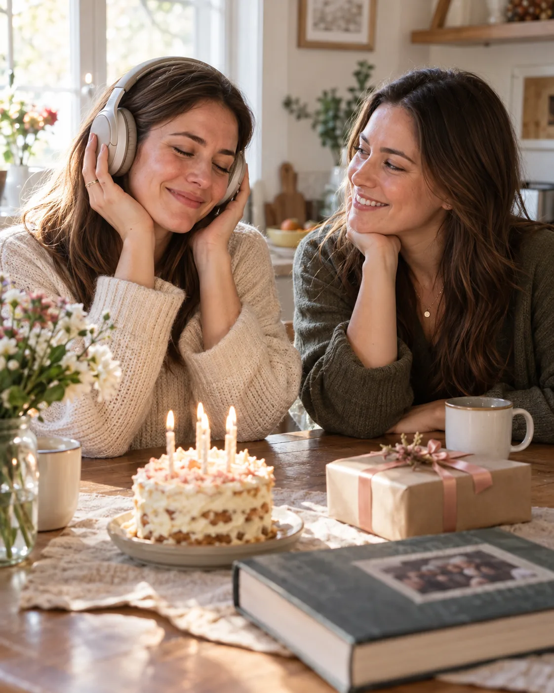 Two adult sisters celebrating a birthday together while one listens to a song through headphones