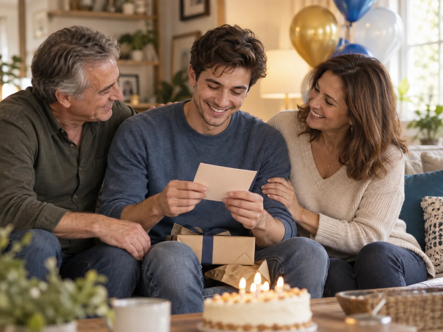 Parents sharing a warm birthday moment and personal gift with their adult son