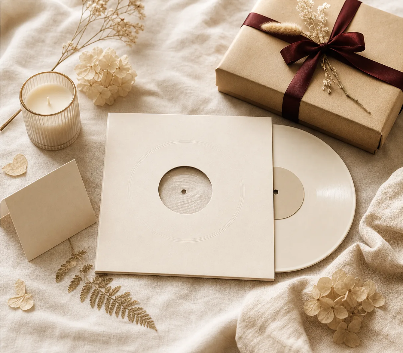 Geburtstags-Songgeschenk mit Schallplatte, Karte und Geschenkband auf hellem Leinen