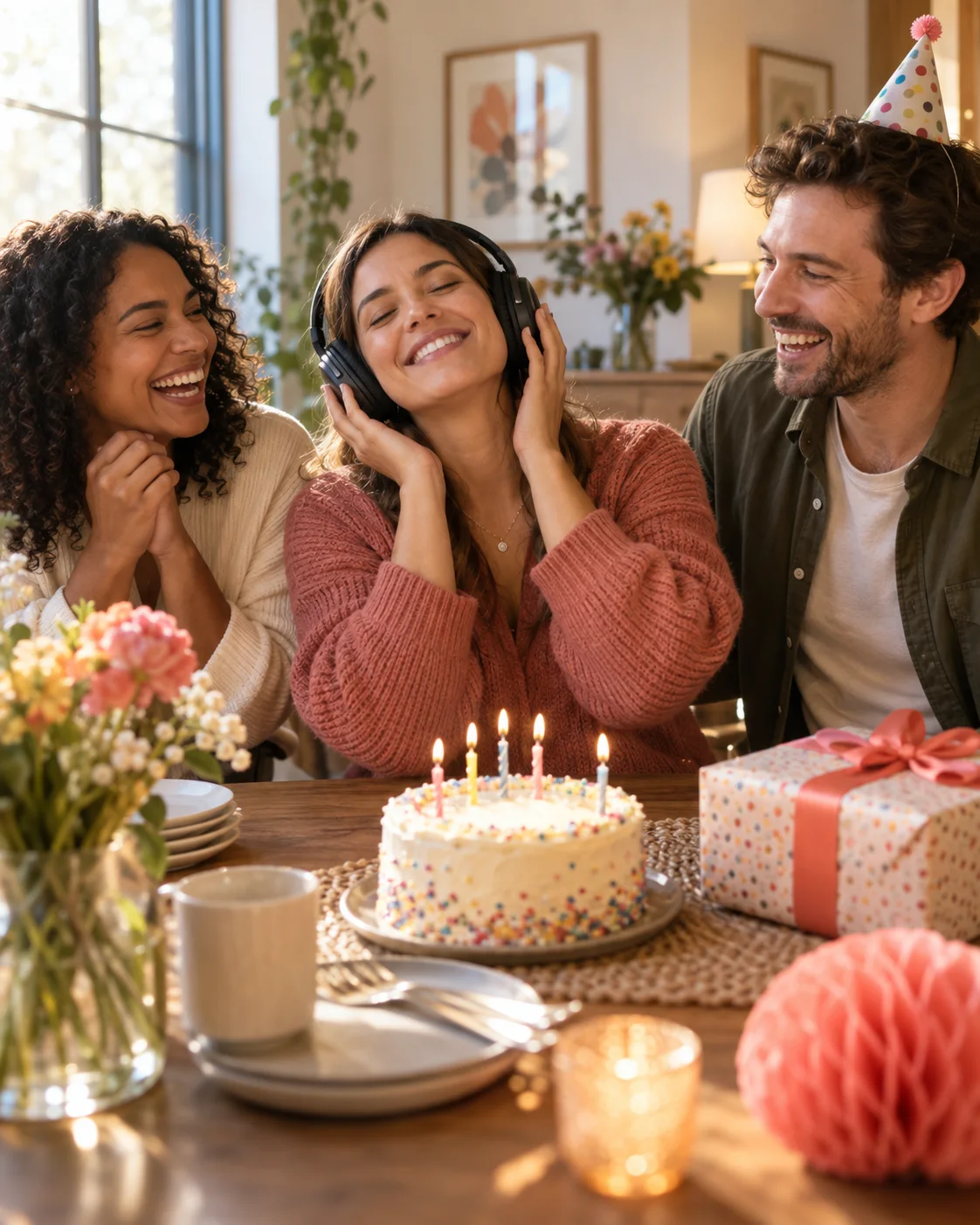 Friends laughing as the birthday recipient listens to a funny personalized song