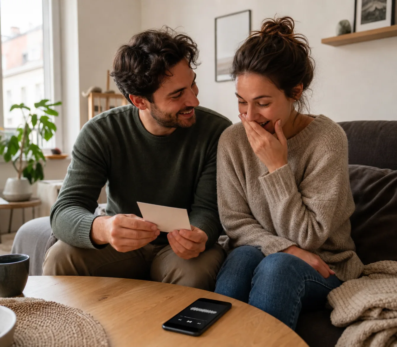 Ein Paar hört zu Hause ein persönliches Lied für den Partner und liest die dazugehörige Karte